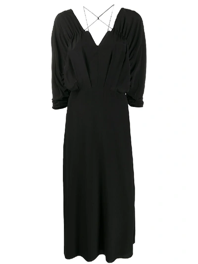Shop Victoria Beckham Draped-sleeve Drawstring Midi Dress In Black