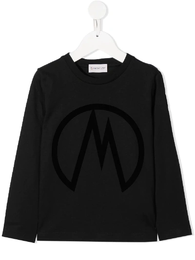Shop Moncler Long Sleeved Logo T-shirt In Black