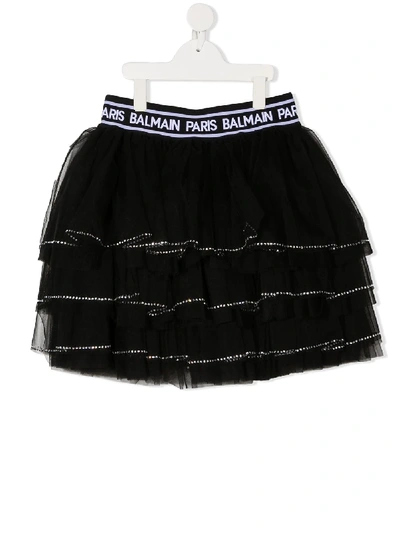 Shop Balmain Teen Tiered Tulle Mini Skirt In Black