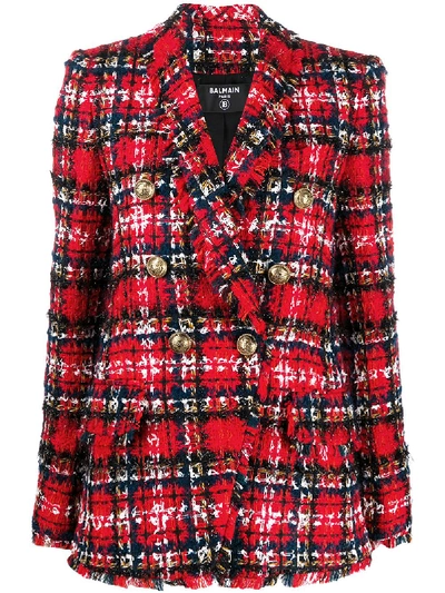 Shop Balmain Double-breasted Tweed Blazer In Red