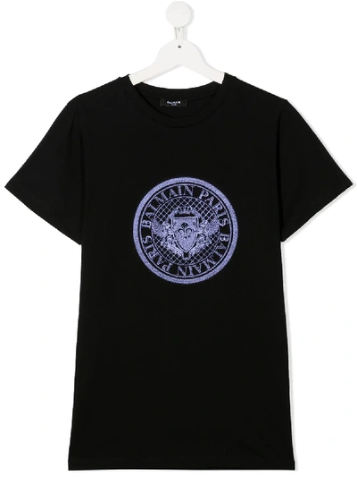 Shop Balmain Teen Logo Embroidered T-shirt In Black