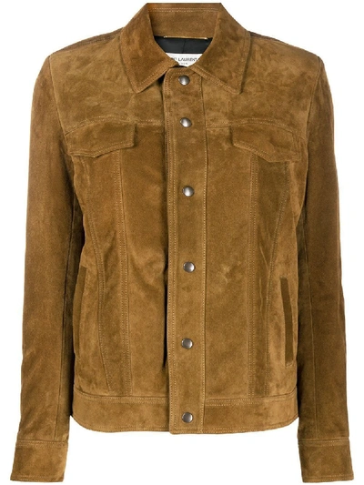 Shop Saint Laurent Brown Fringe Suede Leather Jacket