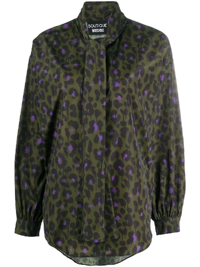 Shop Boutique Moschino Leopard-print Tied-neck Blouse In Green