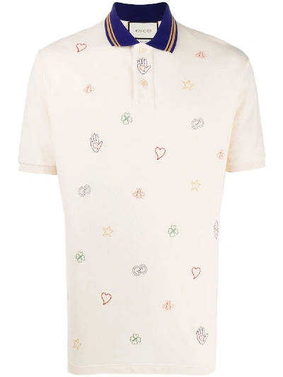 Shop Gucci Symbols Embroidery Polo Shirt In Neutrals