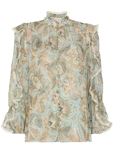 Shop Zimmermann Floral-print Ruffled Blouse In Blue