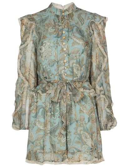 Shop Zimmermann Floral-print Ruffle-detail Playsuit In Blue