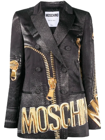 Shop Moschino Zip Print Blazer In Black