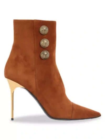 Shop Balmain Roni Point-toe Suede Booties In Mahogany