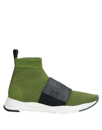Shop Balmain Man Sneakers Military Green Size 6 Textile Fibers, Soft Leather