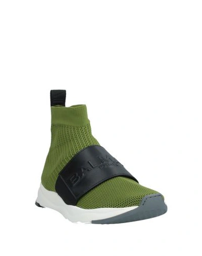 Shop Balmain Man Sneakers Military Green Size 6 Textile Fibers, Soft Leather