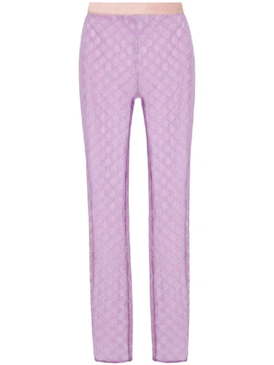 Shop Gucci Sheer Embroidered-logo Leggings In Purple