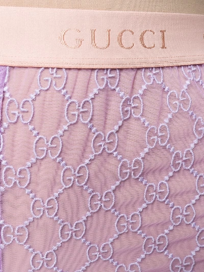 Shop Gucci Sheer Embroidered-logo Leggings In Purple