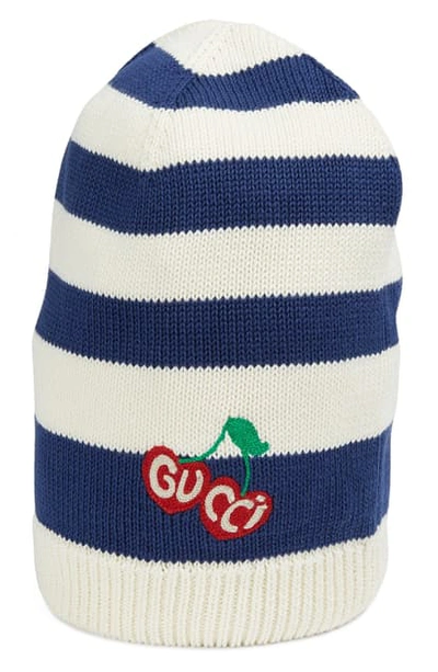 Shop Gucci Jonson Cherry Embroidered Stripe Cotton Beanie In Ivory/ Blue