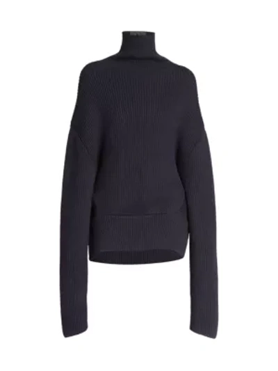 Shop Balenciaga Upside Down Wool Knit Turtleneck Sweater In Navy