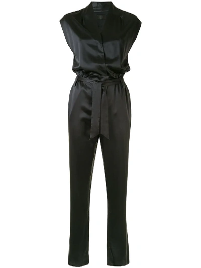 Rta Cynthia Belted Wrap-effect Silk-satin Jumpsuit In Black