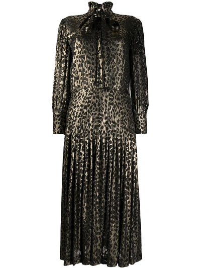 Shop Saint Laurent Leopard Print Pleated Midi Dress In Black