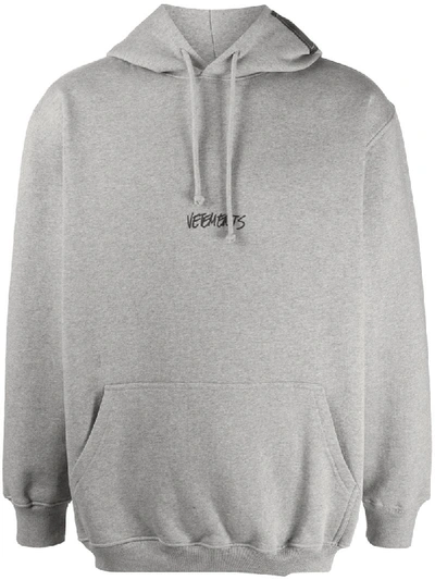 Shop Vetements Logo Drawstring Hoodie In Grey