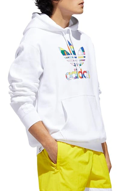 Shop Adidas Originals Adidas Pride Flag Trefoil Unisex Hooded Sweatshirt In White/ Multicolor