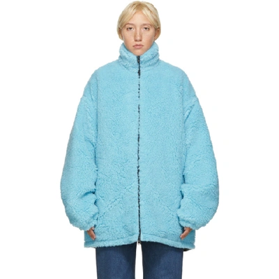 Shop Balenciaga Blue Fleece Oversized Zip-up Jacket In 5840 Blue