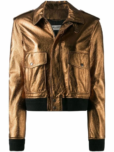 Shop Saint Laurent Women's Bronze Leather Outerwear Jacket