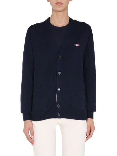 Shop Maison Kitsuné Men's Blue Wool Cardigan