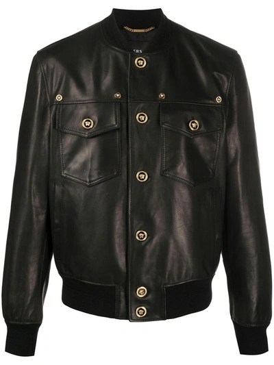 Shop Versace Men's Black Leather Outerwear Jacket