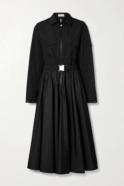 Shop Moncler Belted Pleated Shell Midi Dress In Black