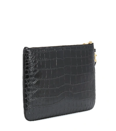 Shop Saint Laurent Croc-effect Leather Tablet Pouch In Black