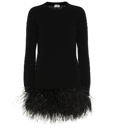 Shop Saint Laurent Feather-trimmed Cashmere Minidress In Black