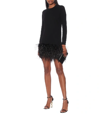 Shop Saint Laurent Feather-trimmed Cashmere Minidress In Black