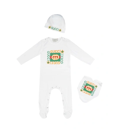 Shop Gucci Baby Cotton Onesie, Bib And Hat Set In White