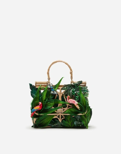 Shop Dolce & Gabbana Sicily Bag In Wicker With Jungle Appliqué