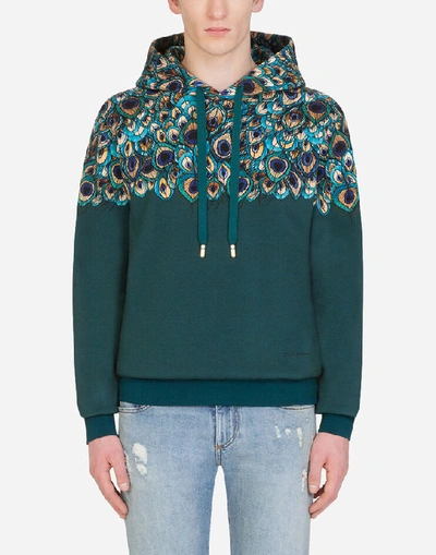 Dolce & Gabbana Jersey Hoodie With Feather Print In Green | ModeSens