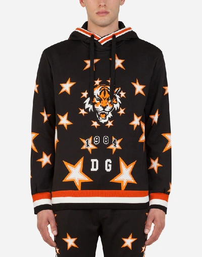Shop Dolce & Gabbana Jersey Hoodie With Tiger Print And All Over Dg In Multicolor