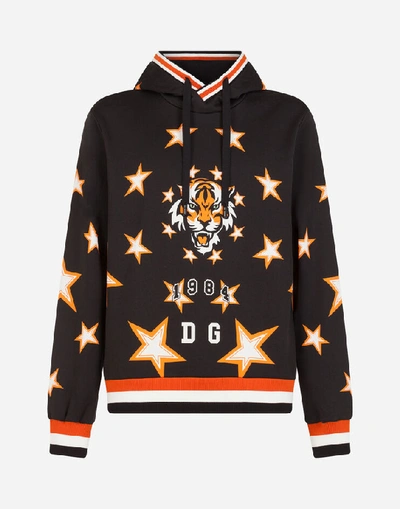 Shop Dolce & Gabbana Jersey Hoodie With Tiger Print And All Over Dg In Multicolor