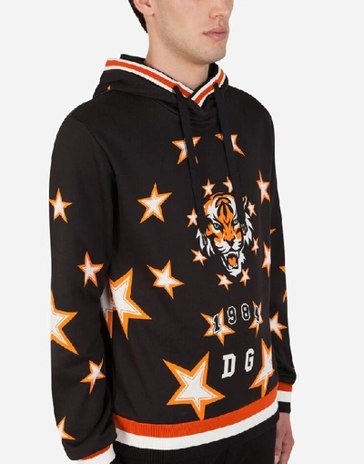 Shop Dolce & Gabbana Jersey Hoodie With Tiger Print And All Over Dg In Multicolor