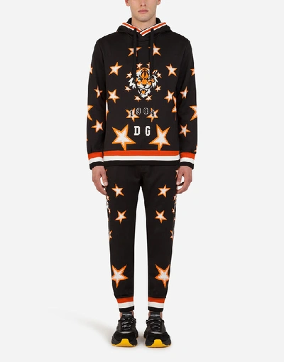 Shop Dolce & Gabbana Jersey Hoodie With Tiger Print And All Over Dg In Multicolor