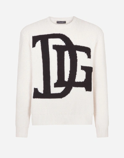 Shop Dolce & Gabbana Wool Round-neck Sweater With Dg Logo Intarsia In White/black