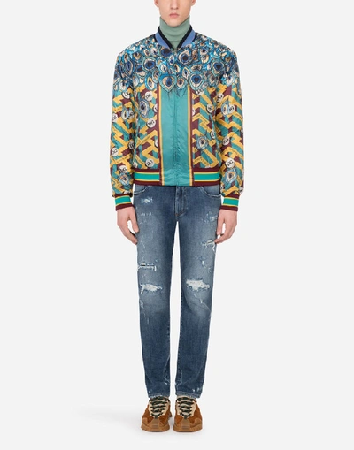 Shop Dolce & Gabbana Feather-print Nylon Jacket With Dg Logo