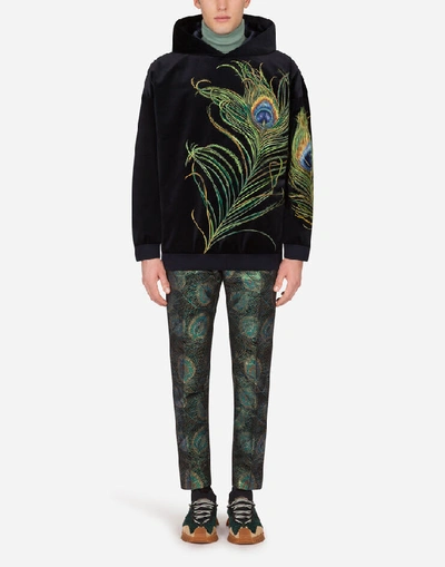 Shop Dolce & Gabbana Jacquard Pants With Feather Design In Multicolor