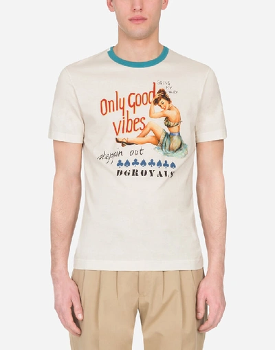 Shop Dolce & Gabbana Cotton T-shirt With Pin-up Print In Cream