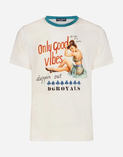 Shop Dolce & Gabbana Cotton T-shirt With Pin-up Print In Cream