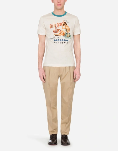 Shop Dolce & Gabbana Cotton T-shirt With Pin-up Print In Cream