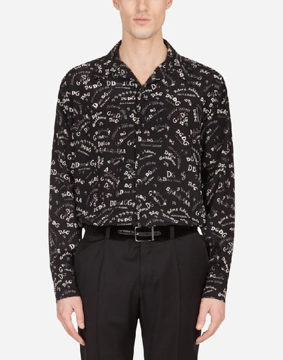 Shop Dolce & Gabbana Silk Hawaii Shirt With Lettering Print In Black/white