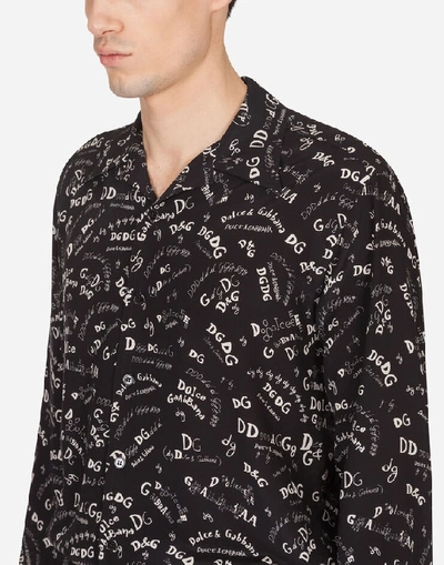 Shop Dolce & Gabbana Silk Hawaii Shirt With Lettering Print In Black/white