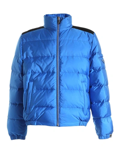 Shop Prada Down Jacket In Blue And Black Featuring Logo