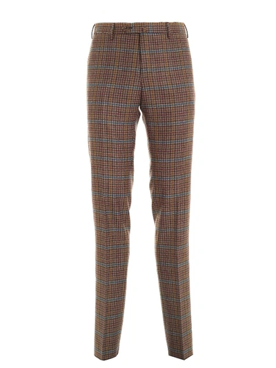 Shop Pt01 Virgin Wool Check Pants In Brown