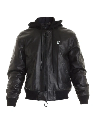 Shop Off-white Black Leather Jacket Featuring Hood