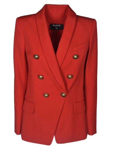 Shop Balmain Flared Wool Blazer In Red