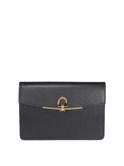 Shop Ferragamo Gancini Leather Clutch In Black